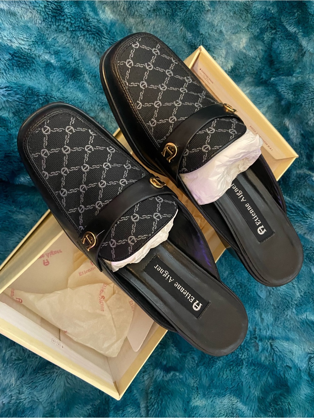 Vintage Etienne Aigner Black Monogram Jacquard Leather Mules